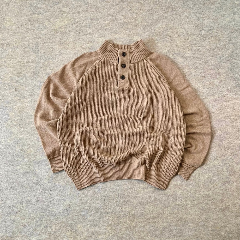 Weatherproof Vintage Henley Sweater Tan Waffle Knit Mock Neck L Gorpcore Preppy